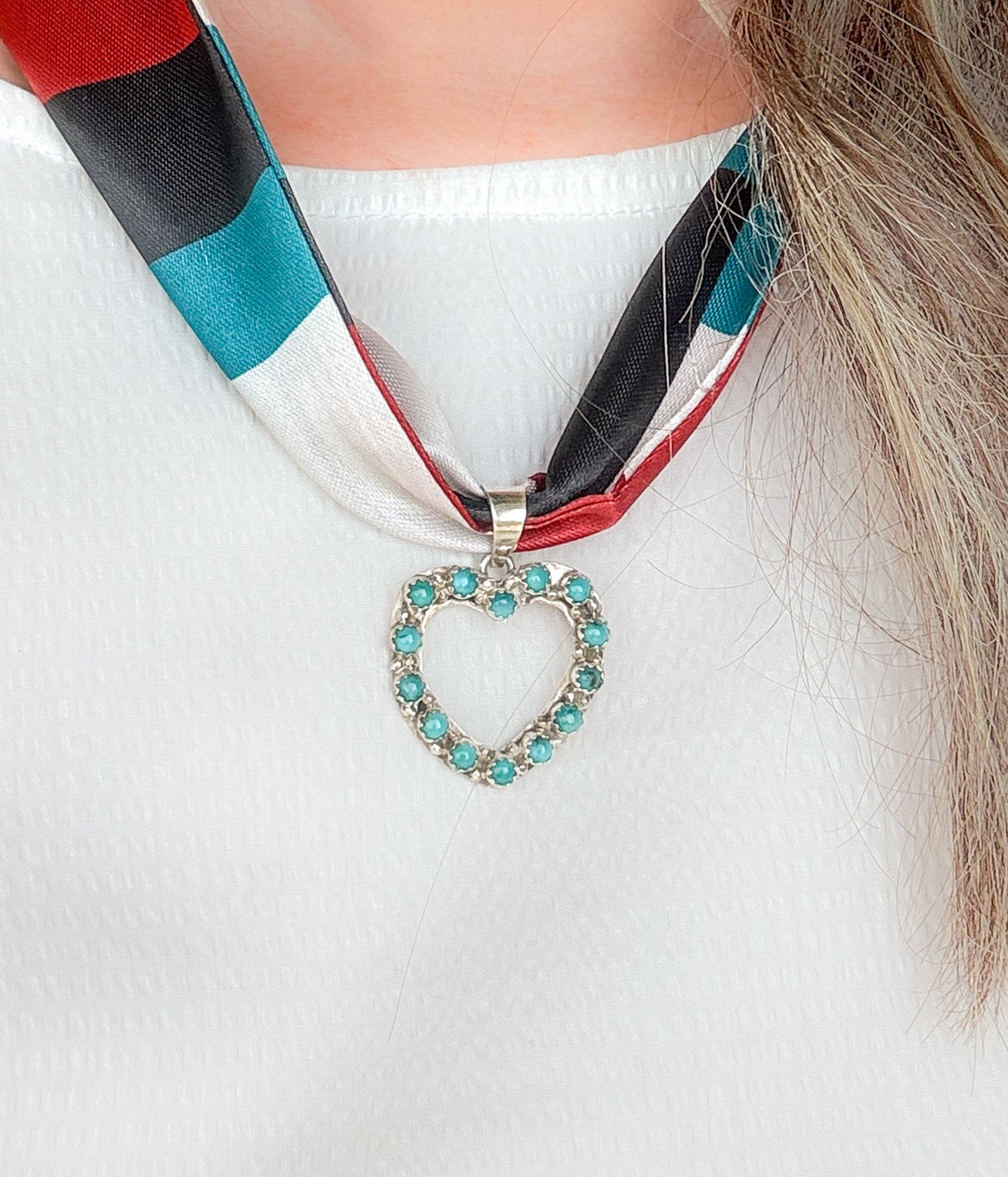 Heart Turquoise Pendant on Silk Scarf Necklace