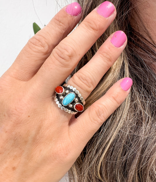 Coral and Turquoise Handmade Ring .925 Sterling Silver Navajo