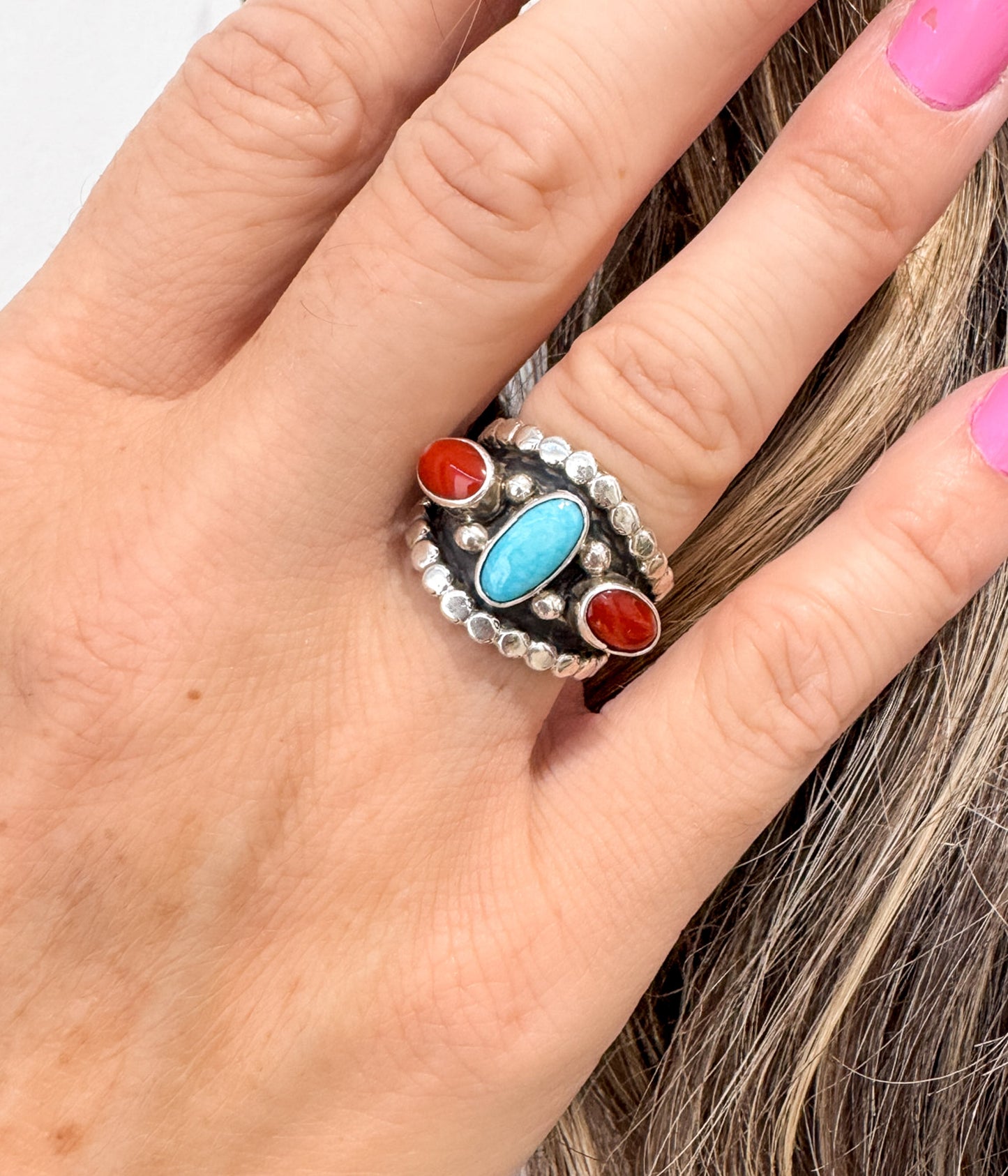 Coral and Turquoise Handmade Ring .925 Sterling Silver Navajo