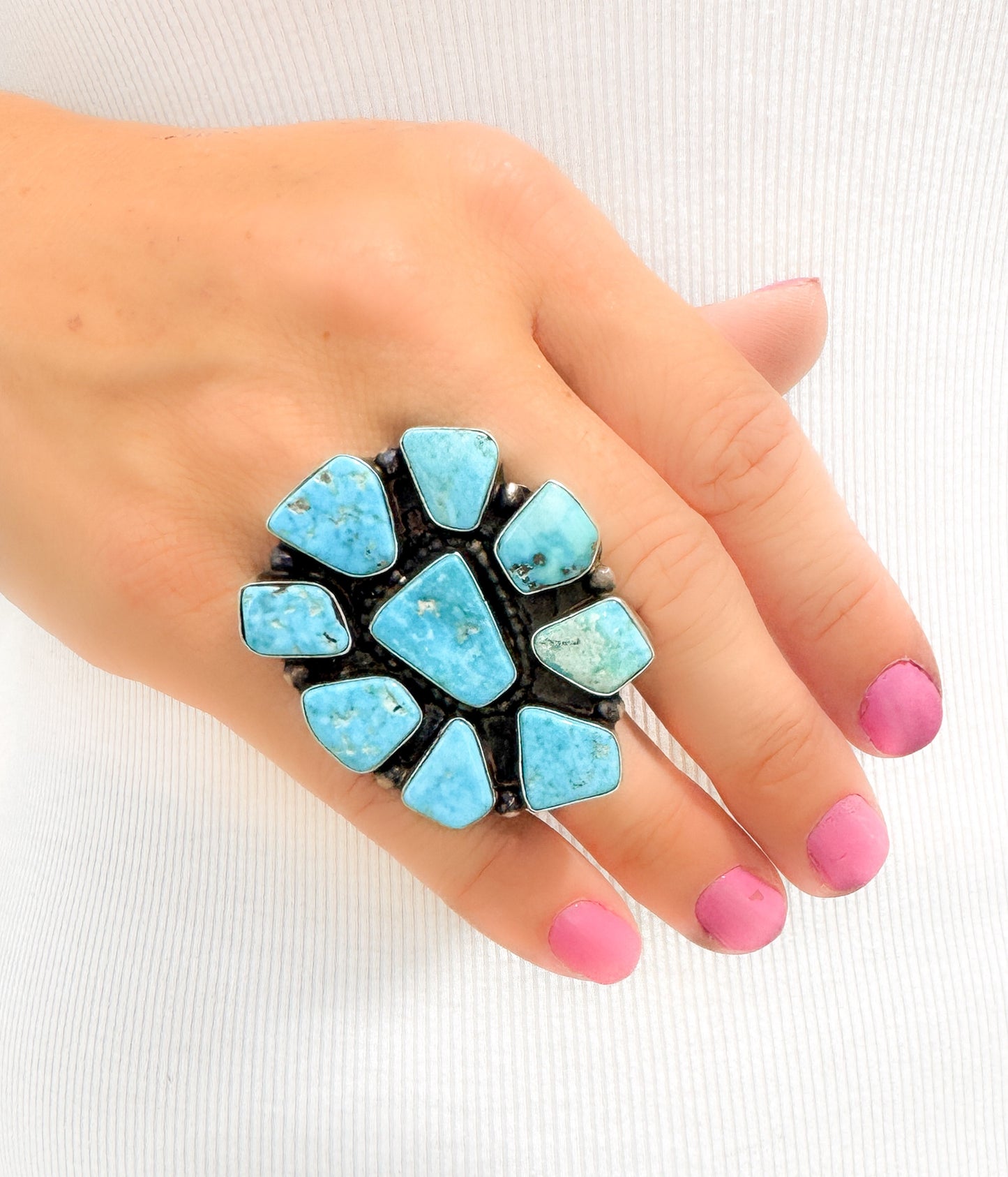 Kingman Turquoise Large Cluster Ring Handmade Navajo Augustine Largo