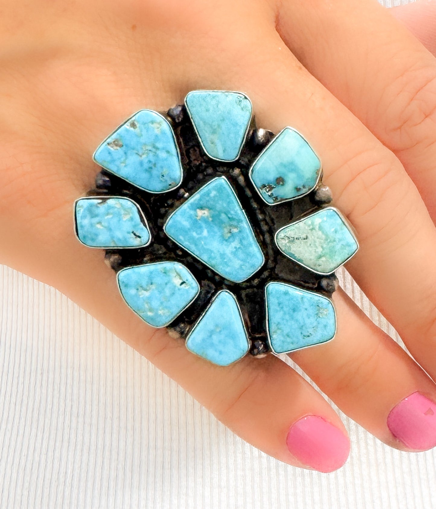 Kingman Turquoise Large Cluster Ring Handmade Navajo Augustine Largo