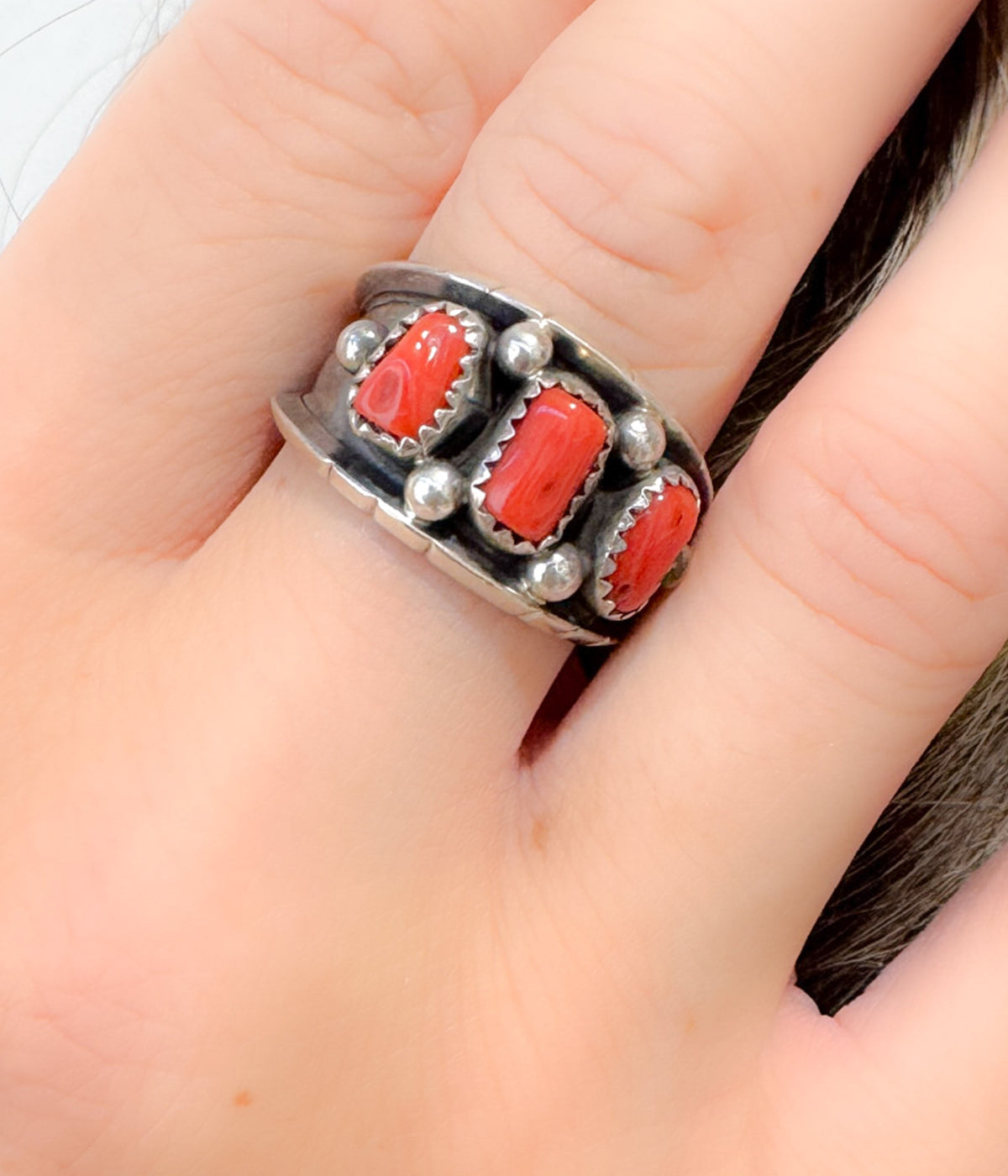 Red Coral Band 3 Stone Sterling Silver Ring Reed Charley