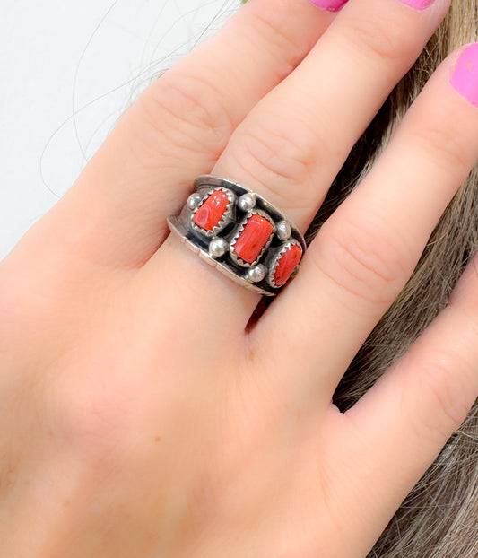 Red Coral Band 3 Stone Sterling Silver Ring Reed Charley