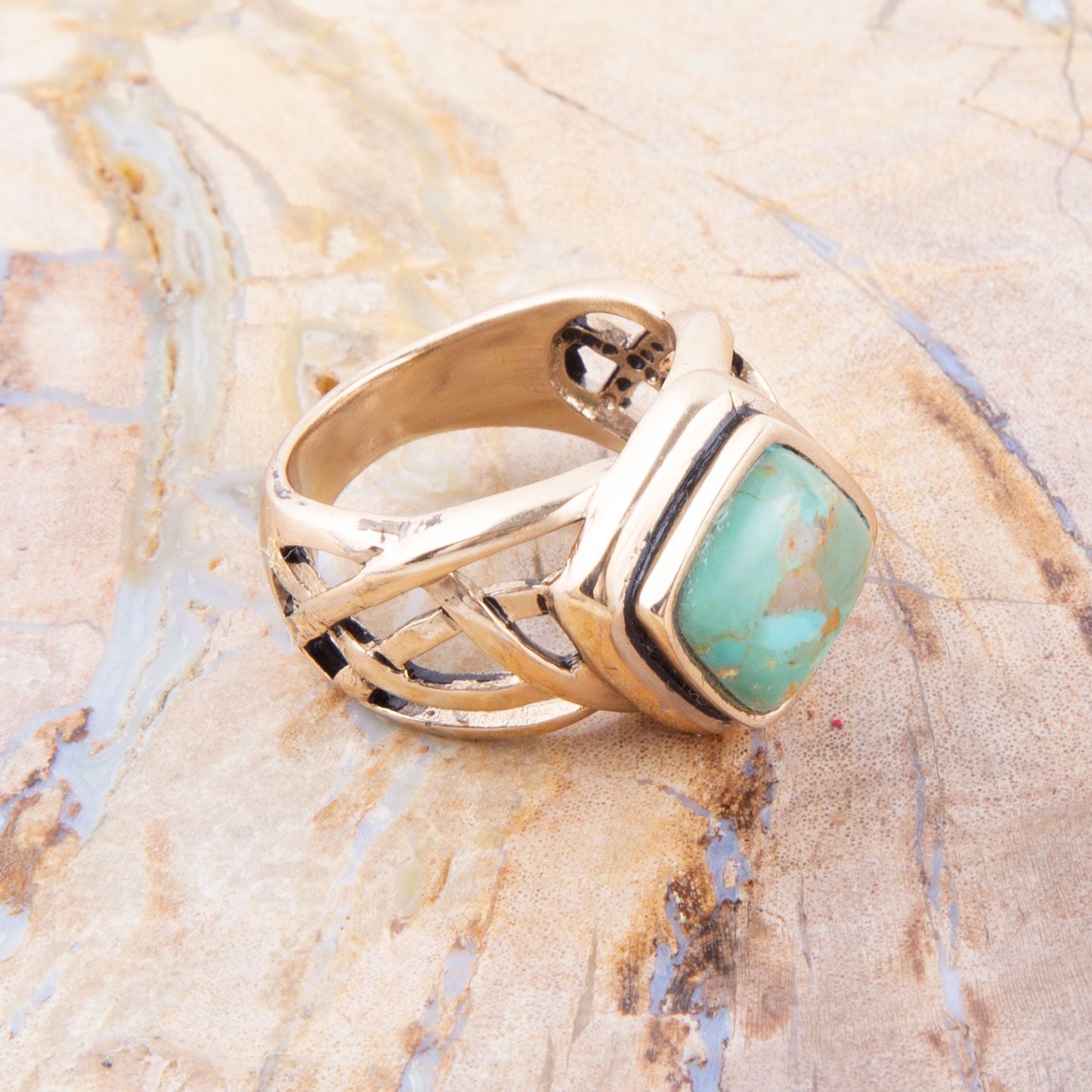 Blue Turquoise and Golden Bronze Cut Out Ring Barse Jewelry