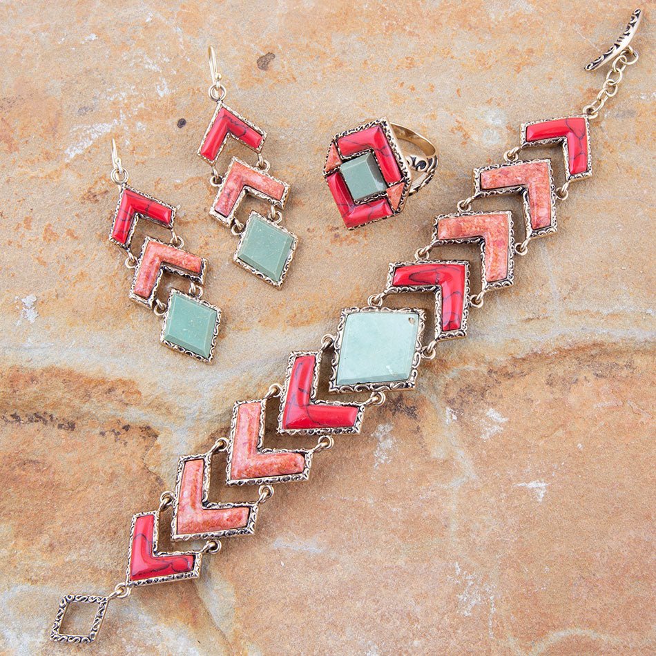 Green Turquoise Coral Tapestry Link Bracelet Barse Jewelry