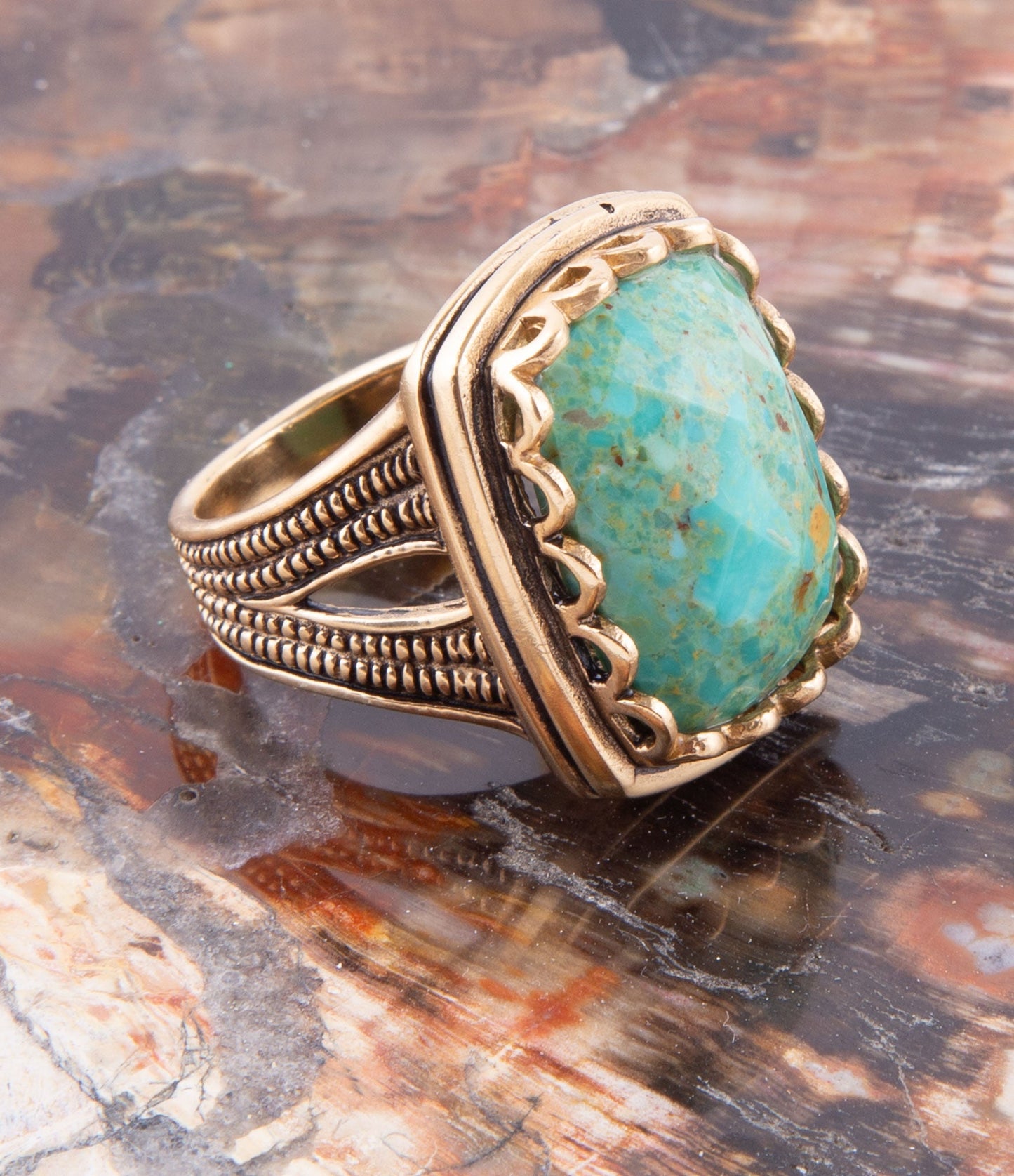 Blue Turquoise Golden Cocktail Ring Bronze Jewelry
