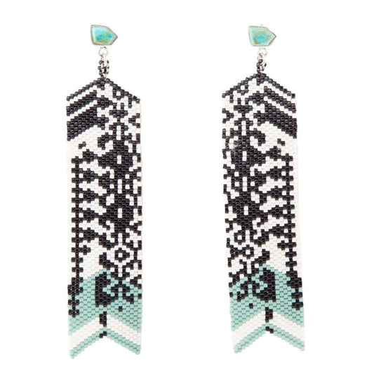 Turquoise Long Woven Seed Bead Earrings
