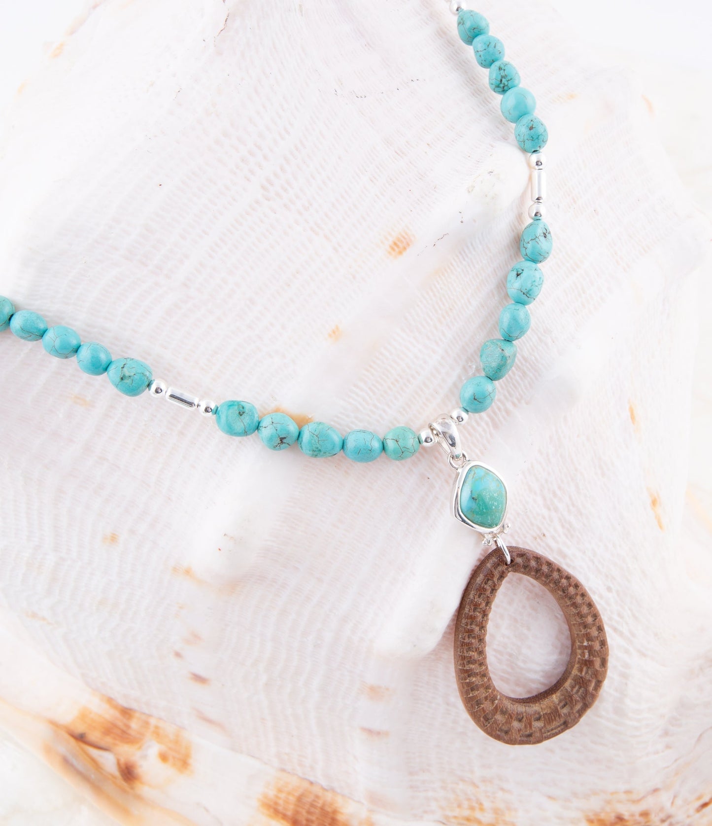 Blue Turquoise Brown Woven Wood Pendant Sterling Silver Necklace