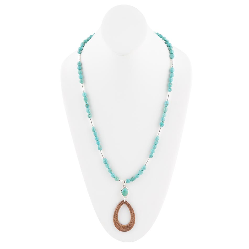 Blue Turquoise Brown Woven Wood Pendant Sterling Silver Necklace
