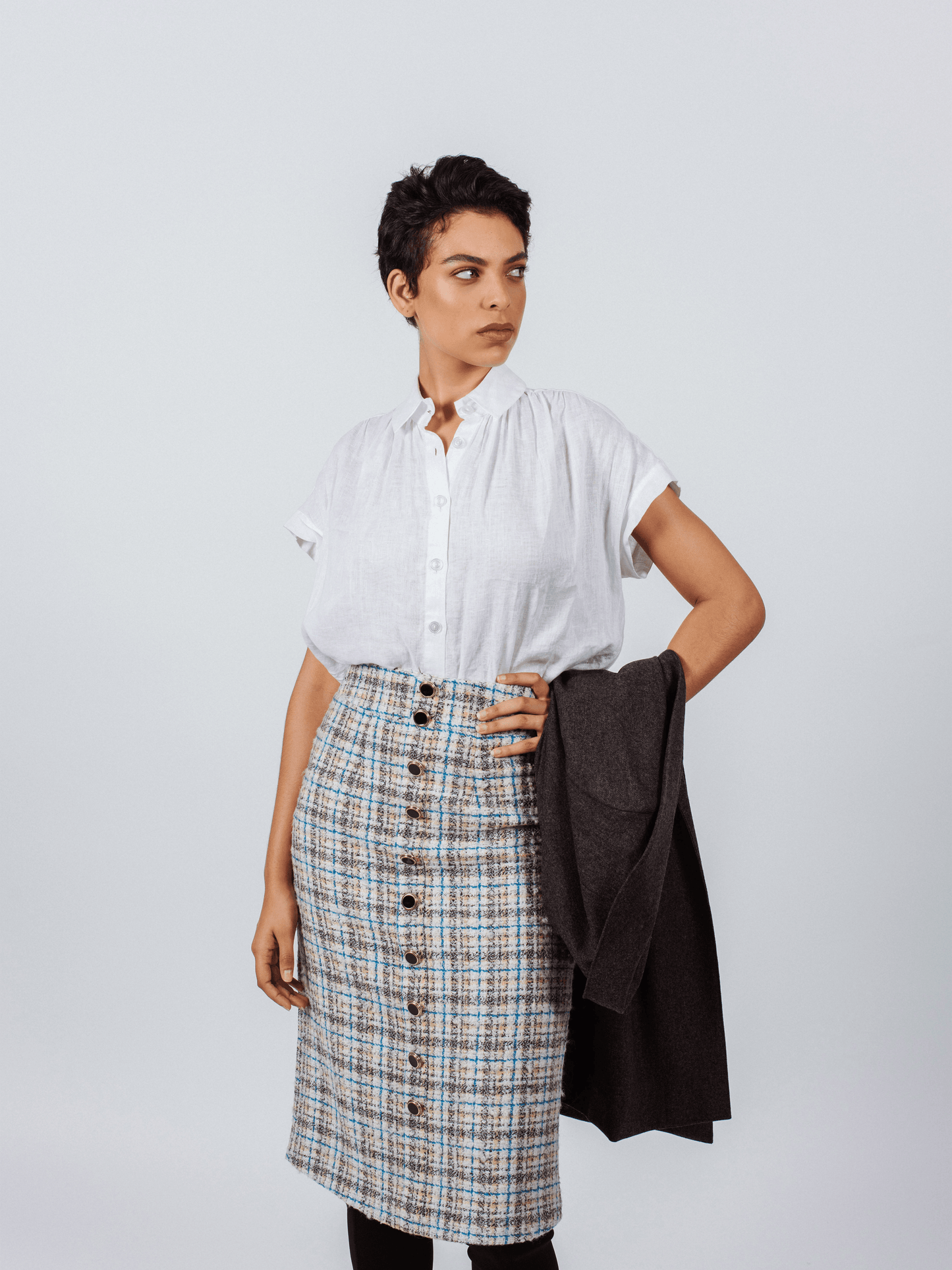 Luxe Plaid Tweed Pencil Skirt White Gold Blue Women’s Chic Tweed Skirt