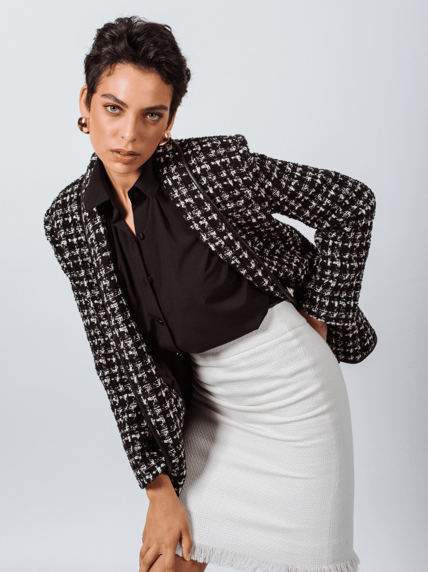 Black & White Tweed Checkers Chic Tailored Blazer Women’s Le Reussi