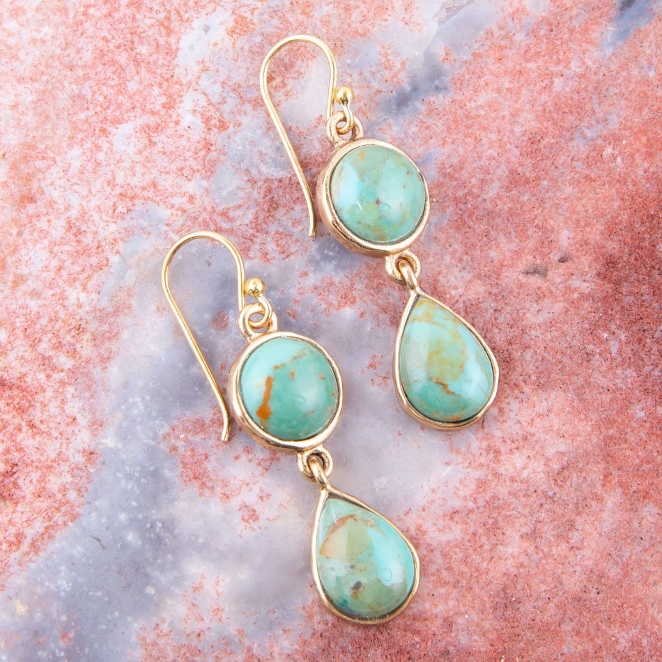 Two Blue Turquoise Golden Drop Earrings