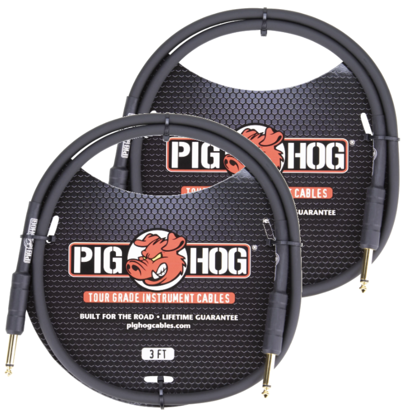 Pig Hog 8mm Straight Instrument Guitar Cord 1/4 Patch Cable 3 Feet 2 Pack