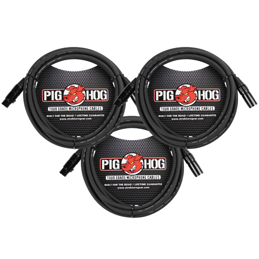 High Performance 8mm XLR Microphone Cable 10 feet 3 Pack Pig Hog