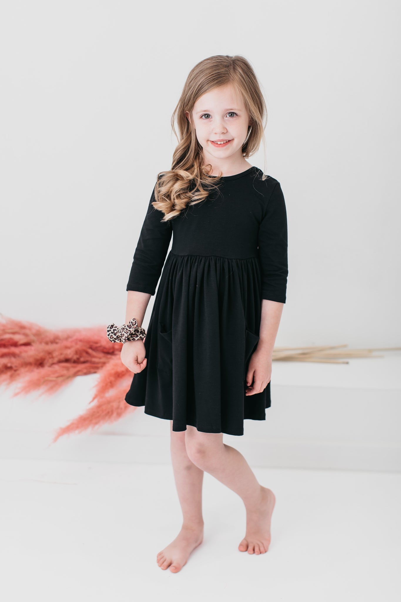 Black 3/4 Sleeve Twirl Dress with Pocket