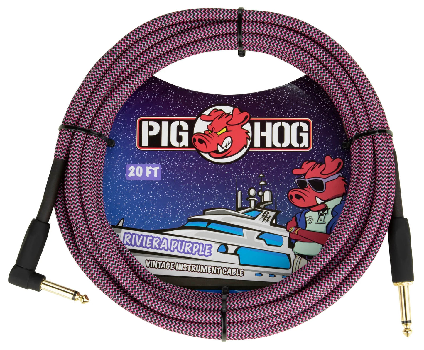 Riviera Purple 20-Foot Vintage Instrument Cable 1/4'-1/4' Right Angle Connectors Pig Hog