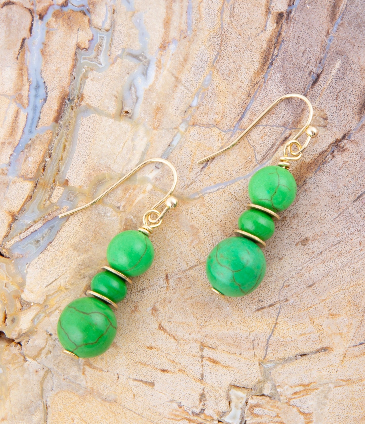 Green Magnesite Golden Drop Earrings Lightweight Brass Jewelry