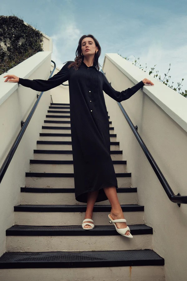 Black Flowy Pleated Shirt Dress
