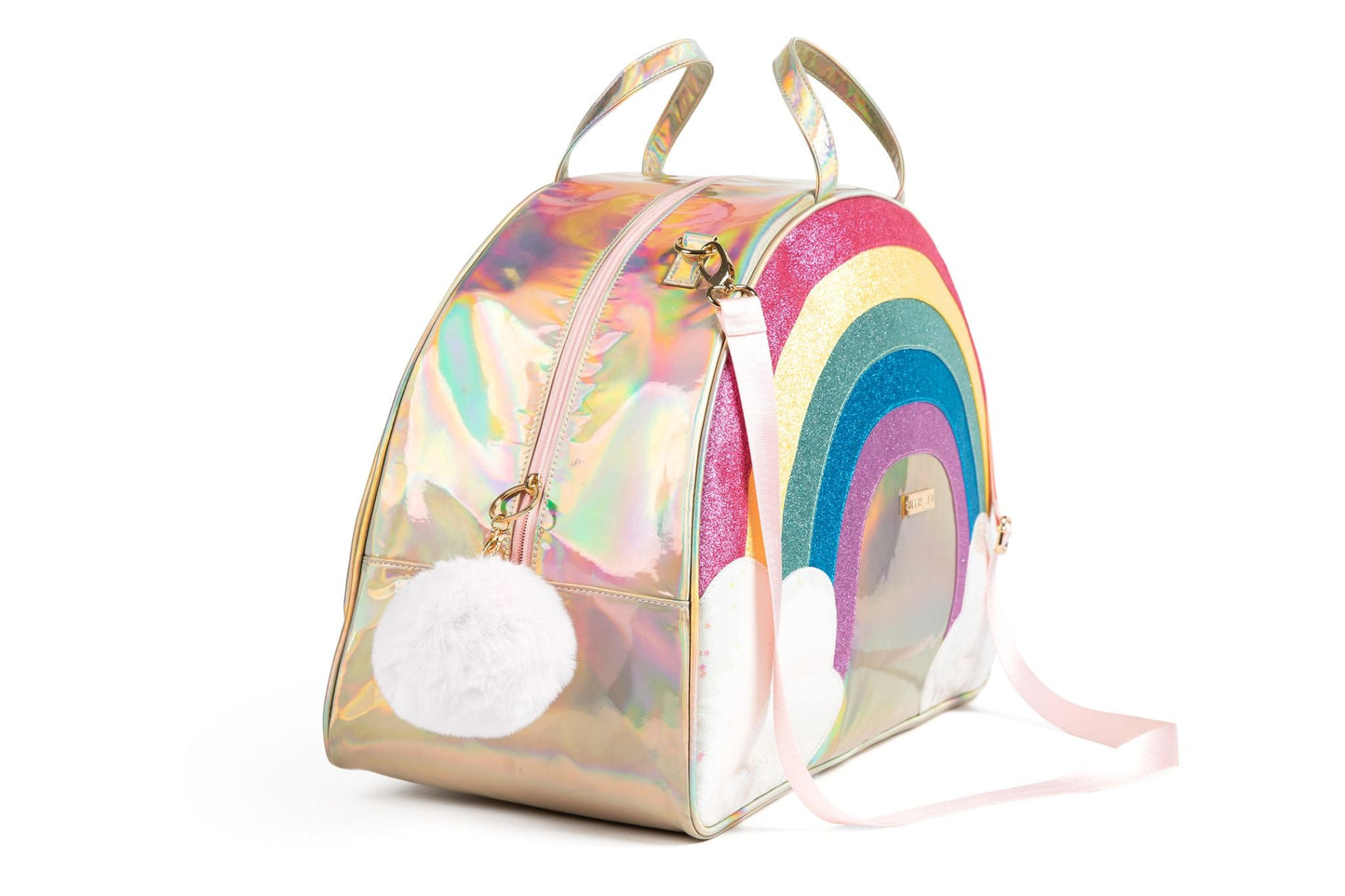 Unicorn Rainbow Large Overnight Bag with Poof and Gold Heart Charm