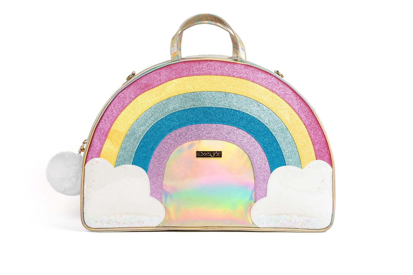 Unicorn Rainbow Large Overnight Bag with Poof and Gold Heart Charm