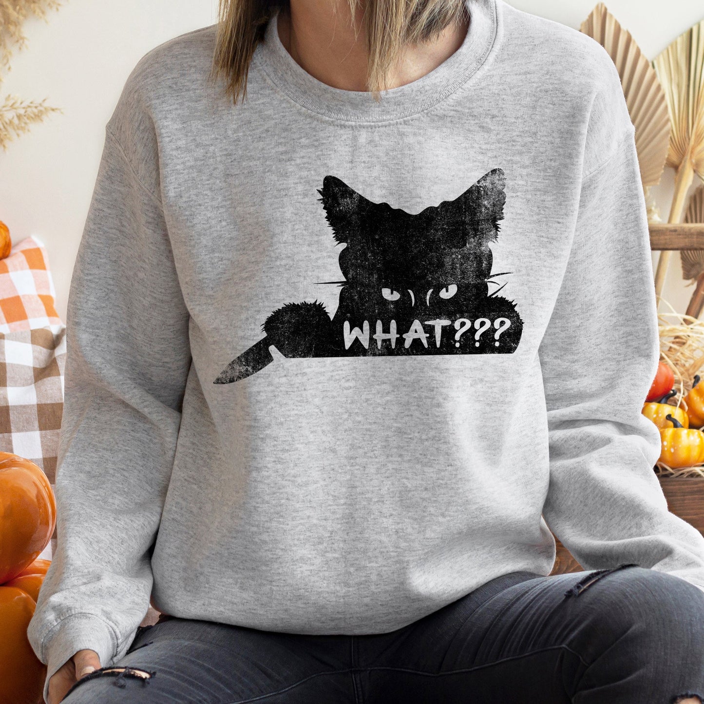 What??? Cat Halloween Sweatshirt Soft Fleece Cotton Polyester Blend