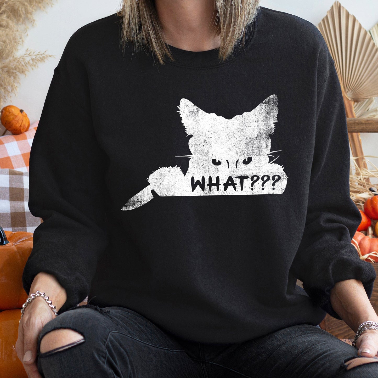 Cat Vintage Halloween Sweatshirt What??? Cotton Polyester Blend