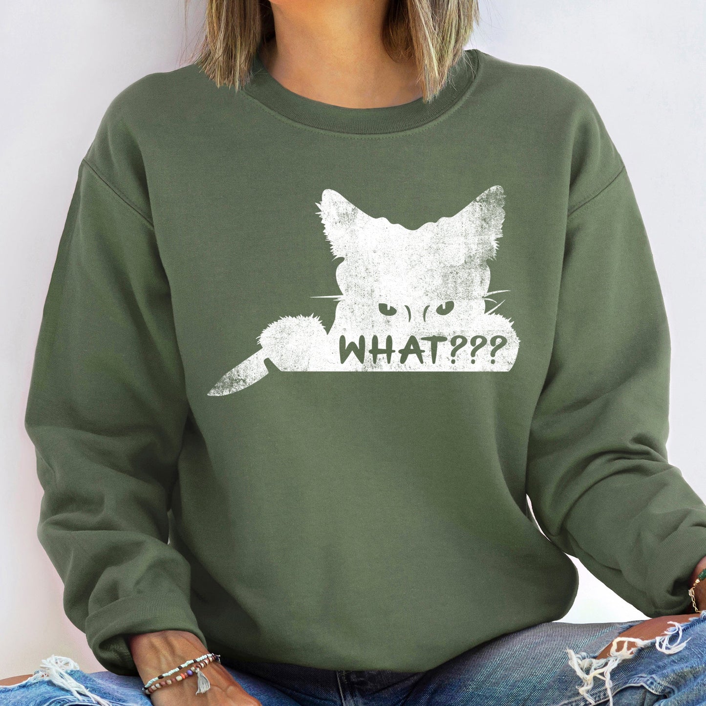 Cat Vintage Halloween Sweatshirt What??? Cotton Polyester Blend