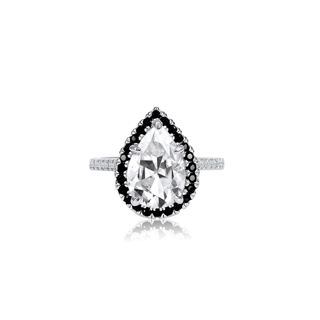 2.0ct Pear Cut Moissanite Black Halo Engagement Ring