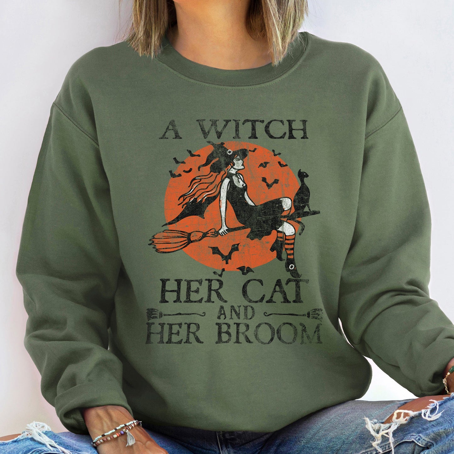 Witch Cat Broom Halloween Sweatshirt