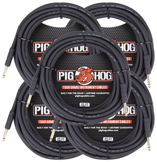 Pig Hog Black 25ft 1/4' Guitar Instrument Cable Mono Patch Cord 5 Pack
