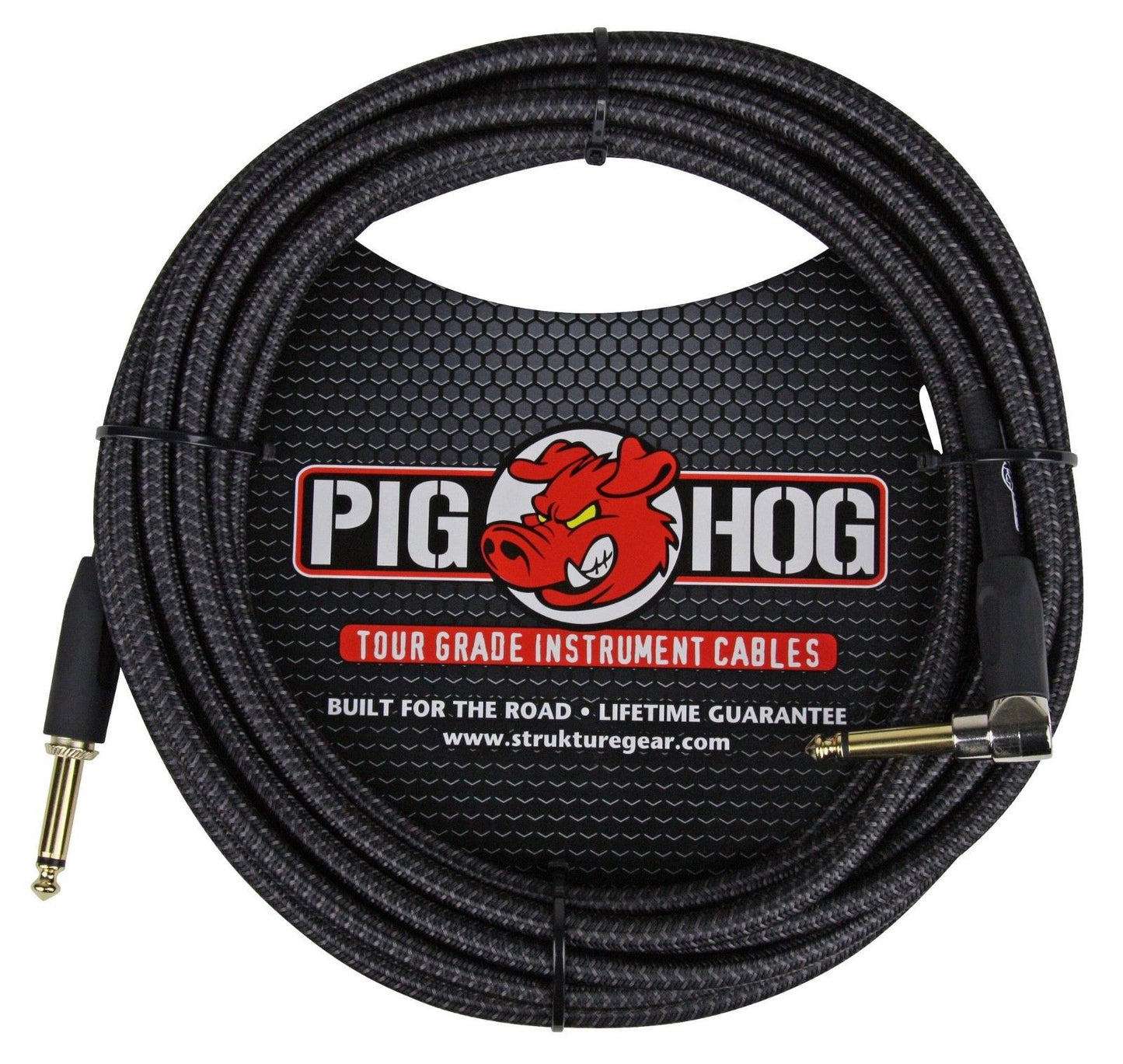 Pig Hog Black Woven ¼” to ¼” Right Angle Instrument Cable 20ft 6 Pack