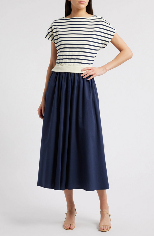 Cotton Striped Midi Dress Two-Piece Knit Top and Woven Skirt
