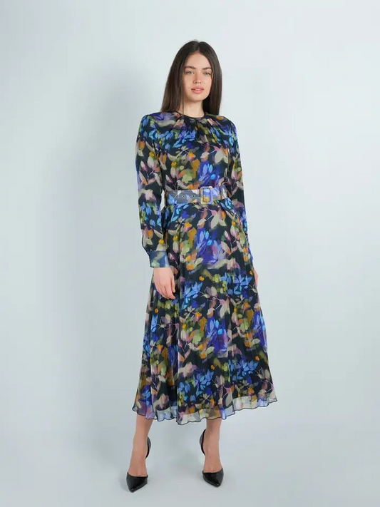 Neon Floral Chiffon Pleated Dress