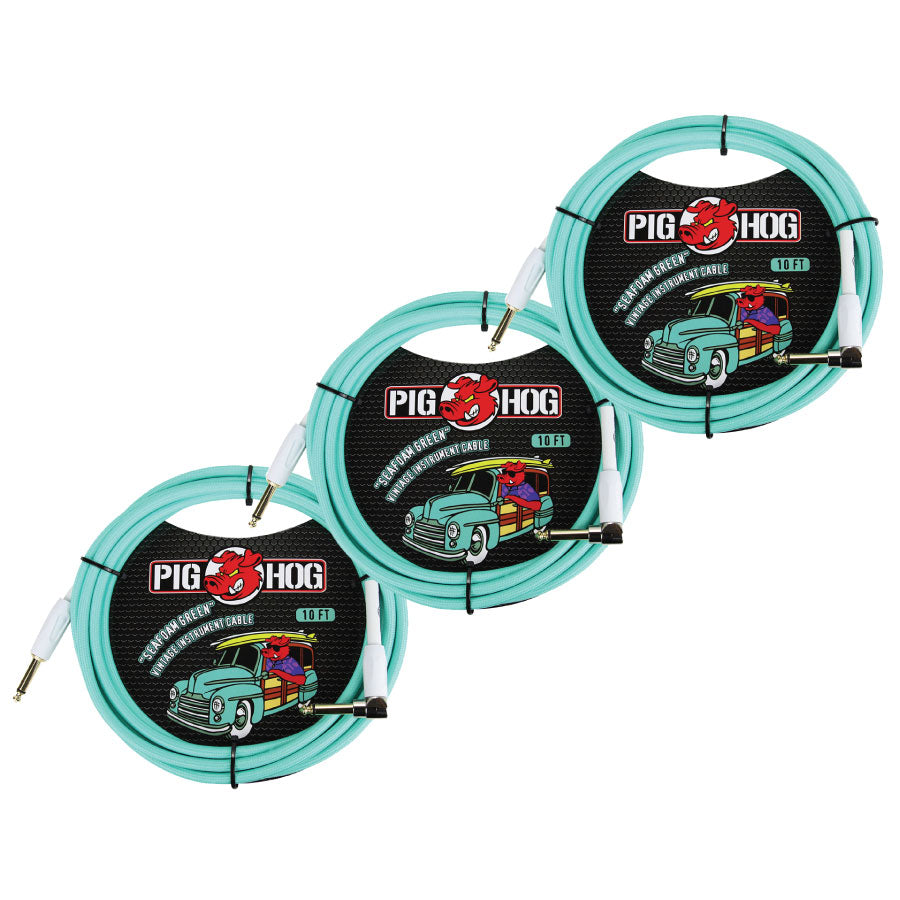 Pig Hog Seafoam Green 1/4' Straight to 1/4' Right-Angle Instrument Cable 3 Pack