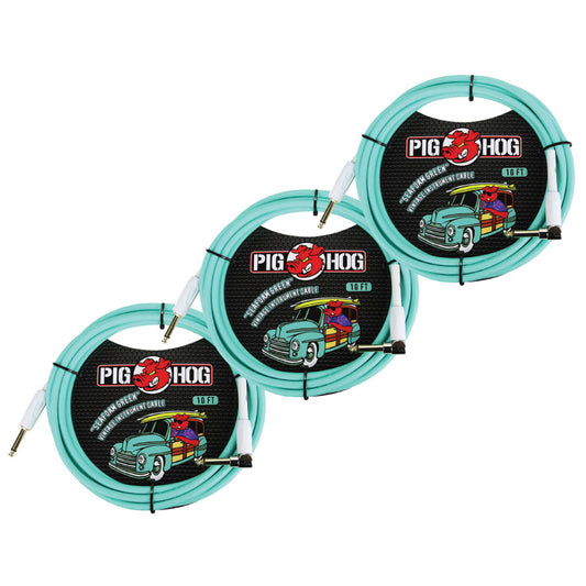 Pig Hog Seafoam Green 1/4' Straight to 1/4' Right-Angle Instrument Cable 3 Pack