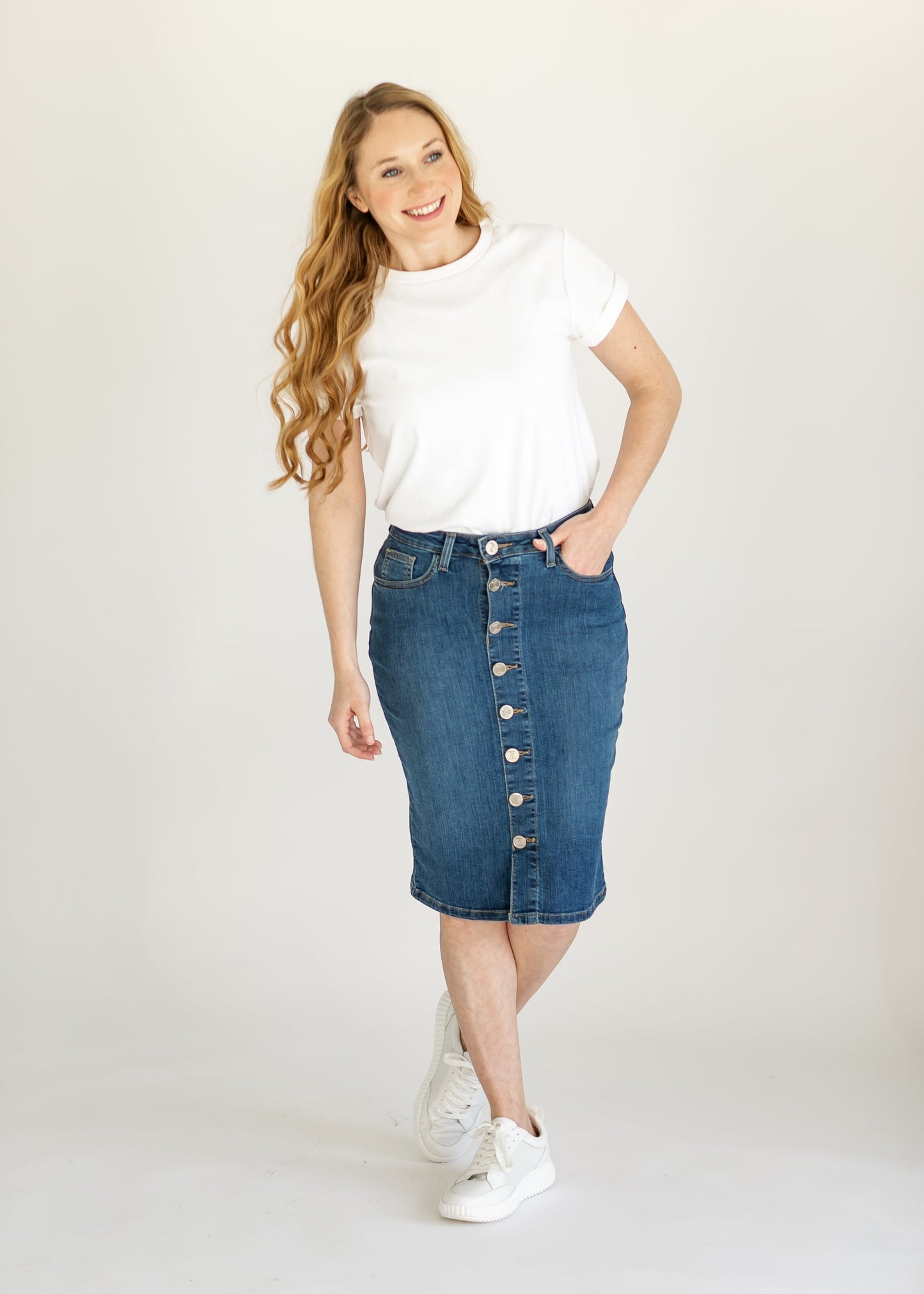 Zana Front Button Denim Midi Skirt