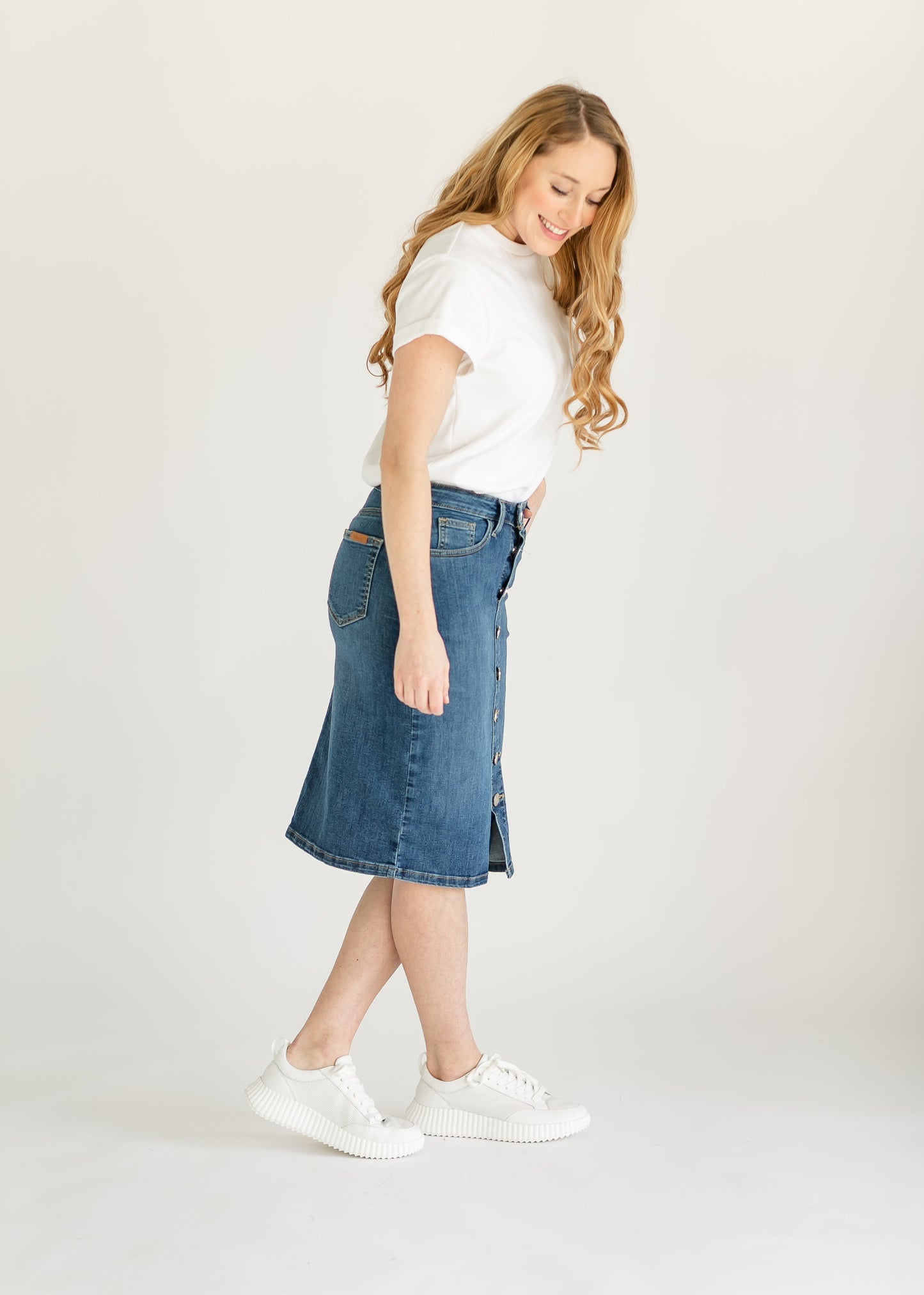 Zana Front Button Denim Midi Skirt