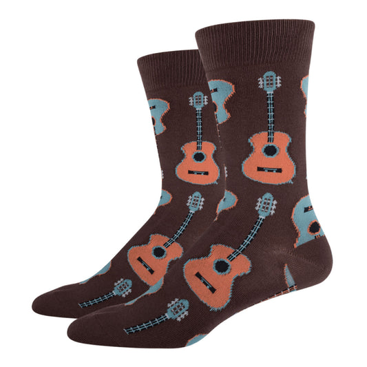 Socksmith Men's Brown Crew Socks Footwear Guitars Rock & Roll Music - MNC202-BRO