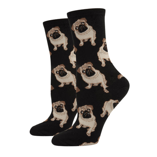 Women's Ladies Novelty Crew Socks Pug Dog Black Cotton Blend Brand Socksmith - WNC338-BLK