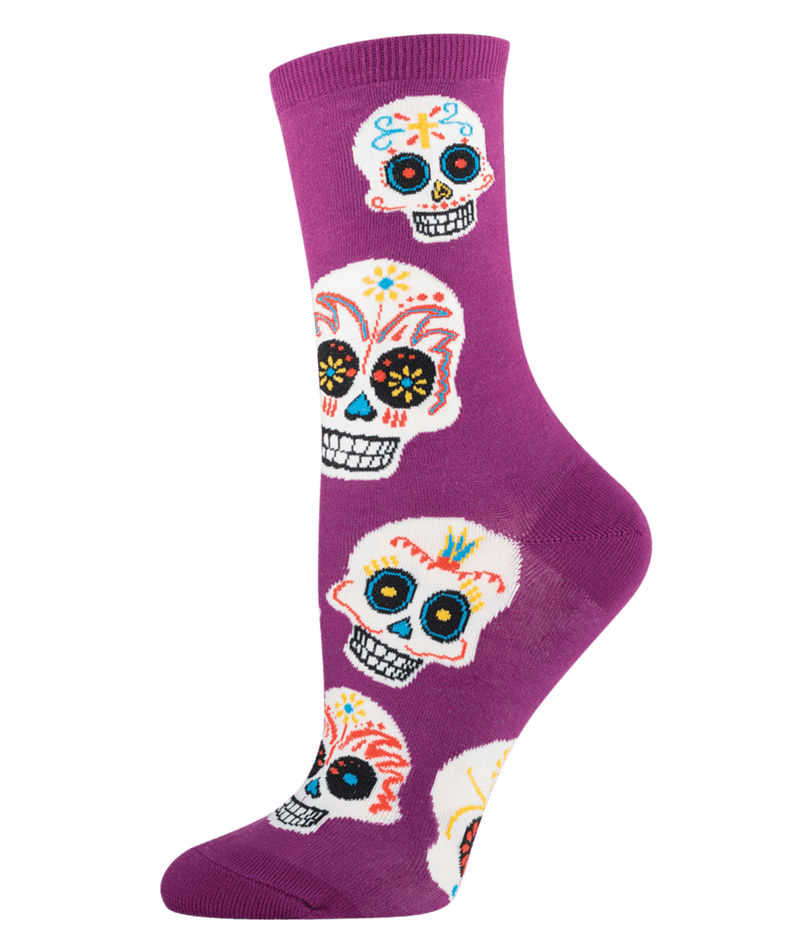 Socksmith Women's premium Crew Socks Day of the Dead Big Muertos Sugar Skull Pur - SSW1067-RYP