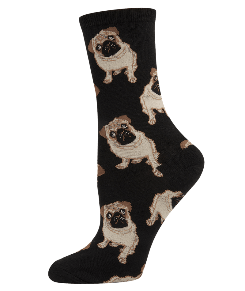 Women's Ladies Novelty Crew Socks Pug Dog Black Cotton Blend Brand Socksmith - WNC338-BLK