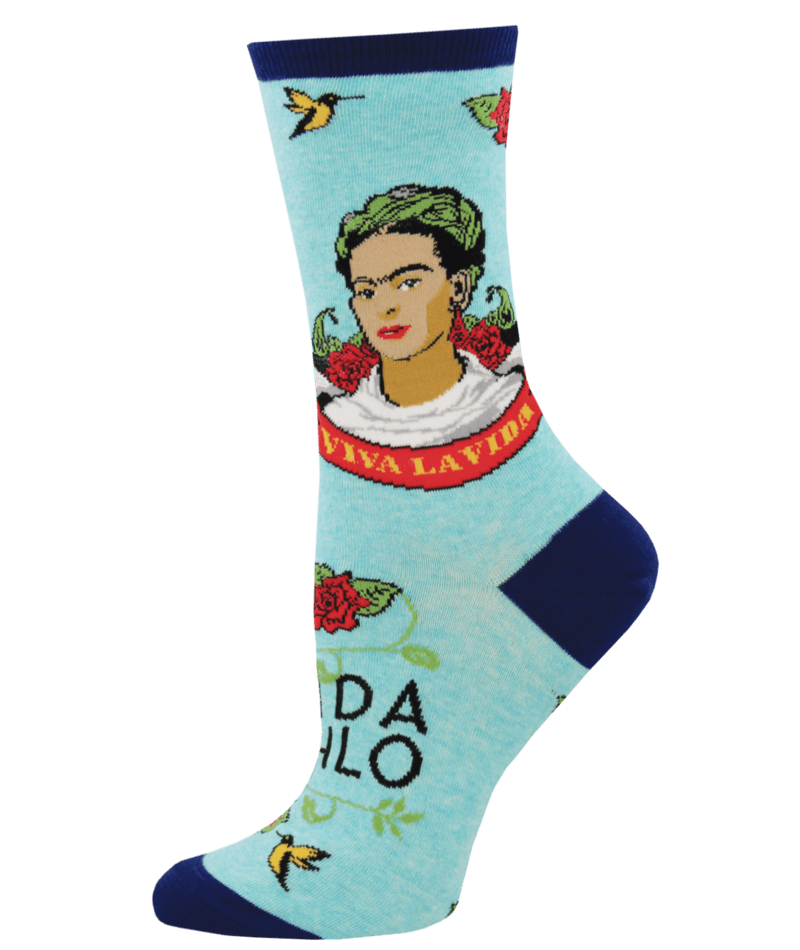 Women's Crew Socks Viva La Frida Kahlo Portrait Blue Novelty Footwear Socksmith - WNC967-SBH